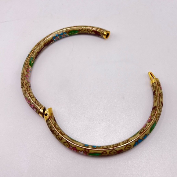 Vintage Cloisonné Hinged Bangle Raised Gold Gilt Enamel Flower - Picture 1 of 3